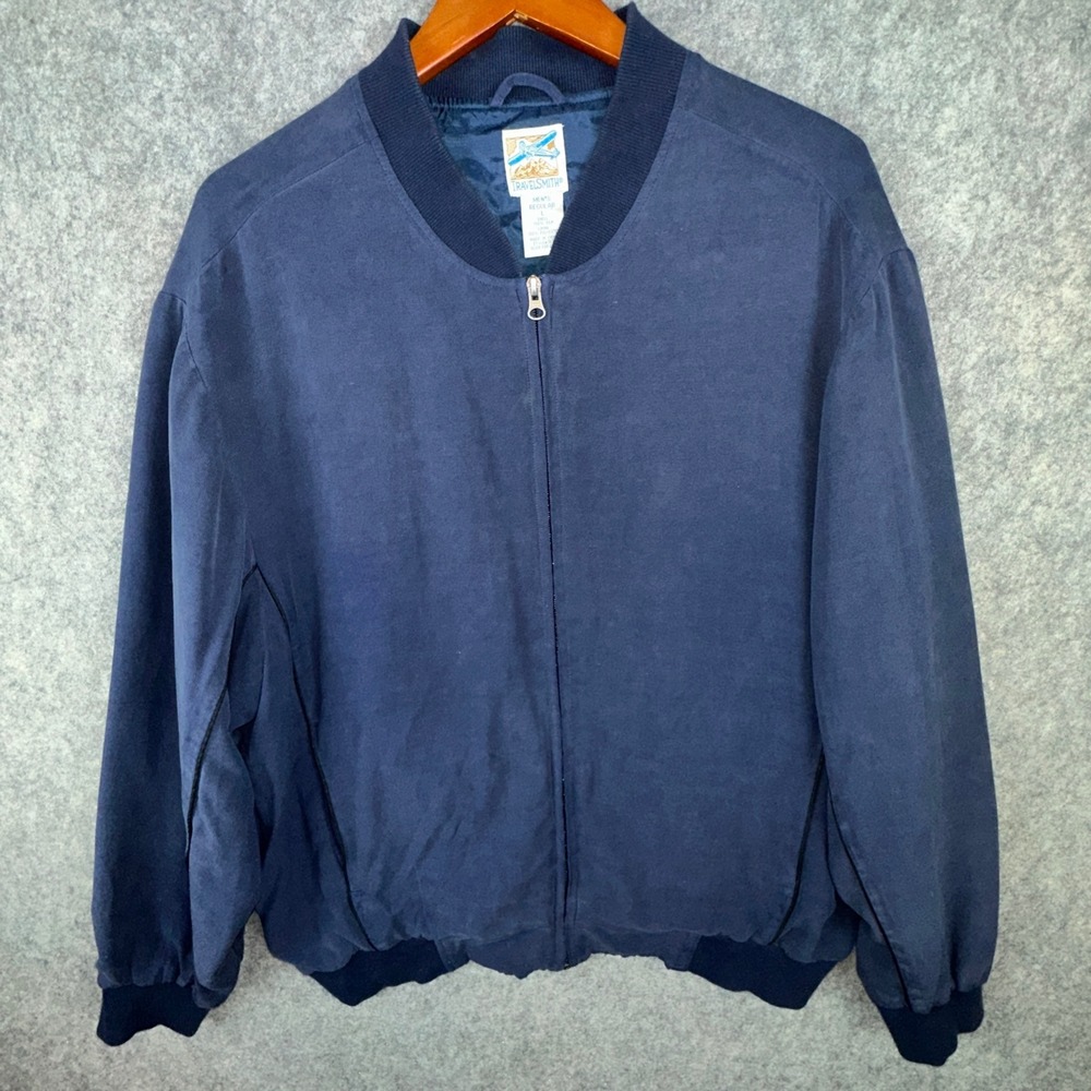 TravelSmith Jacket Mens L Navy Blue Silk Bomber Full Zip Style 7672 Lightweight